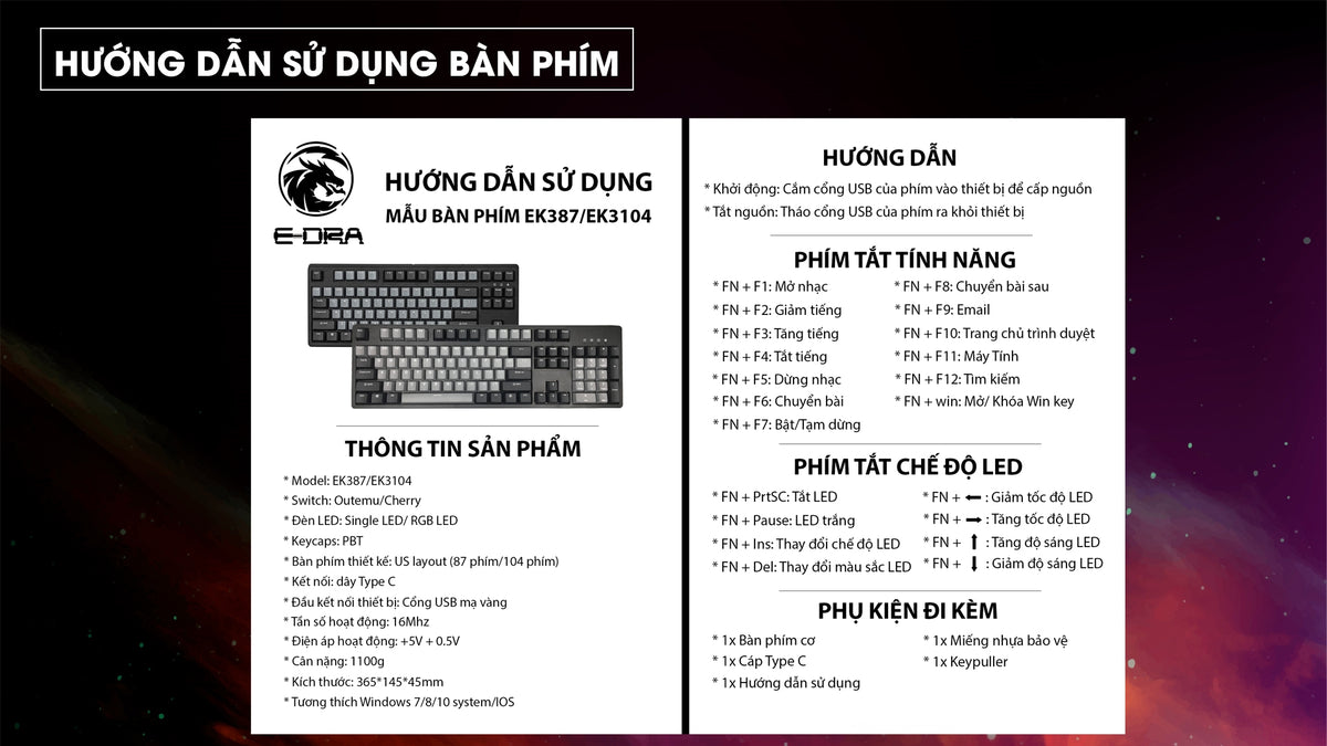 Bàn phím cơ E-DRA EK3104 Ice White (Huano Red switch)