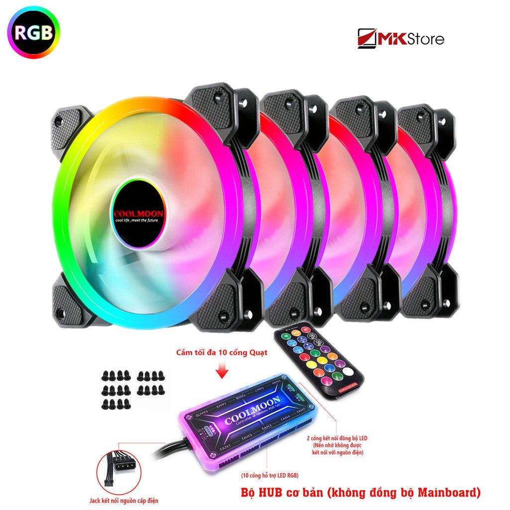 Bộ 5 Fan case LED RGB Fan Coolmoon v2 Dual Ring Kèm HUB + Remote